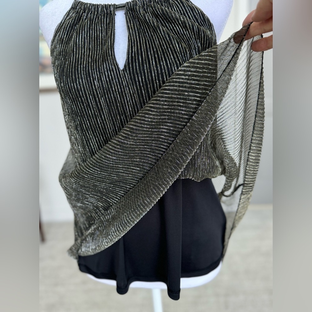 Metallic Black Gold Pleated Halter Top Sheer Overlay Date Night Party XS - Picture 6 of 12